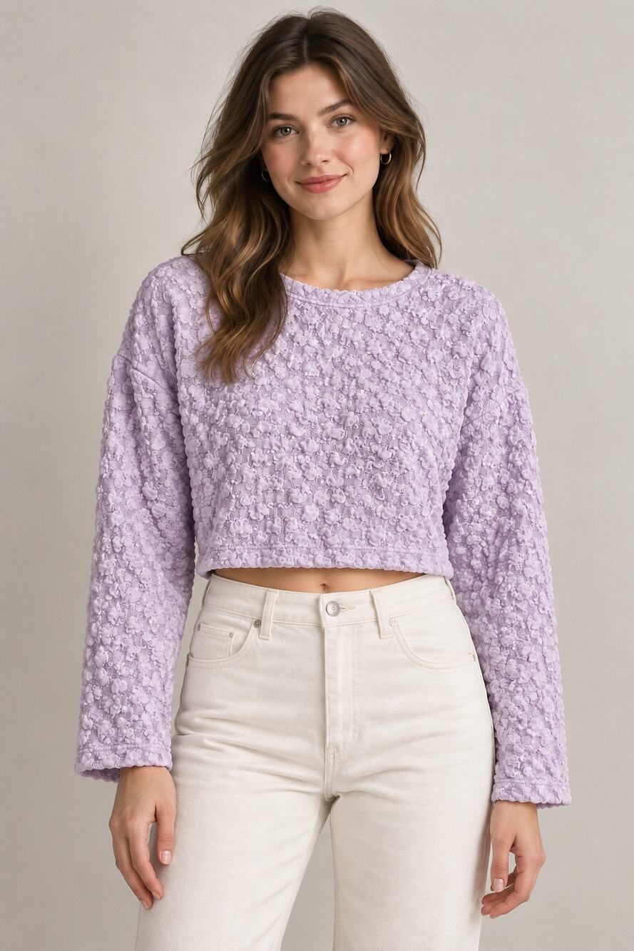 NWT Aleeza Paris Lavender Textured Floral Long Sleeve Cropped Top